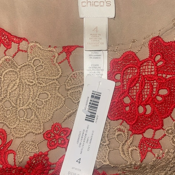 New nwt Chico’s Red and Tan Crochet Women's Top size XXL or size 4 lace detail - Picture 3 of 9